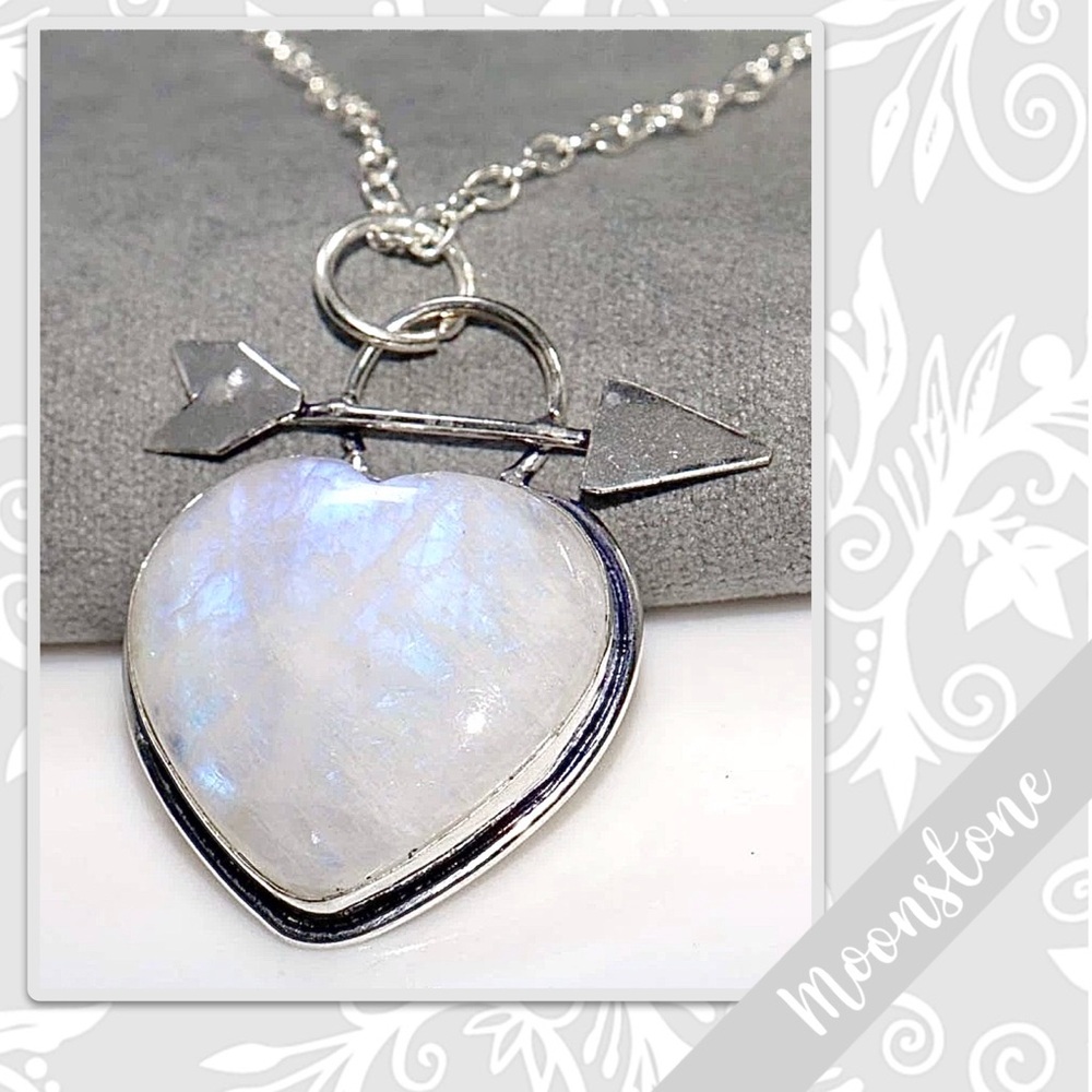 Rainbow Moonstone Silver Artisan Heart Necklace, 18” (fiery Blue-Violet flash)